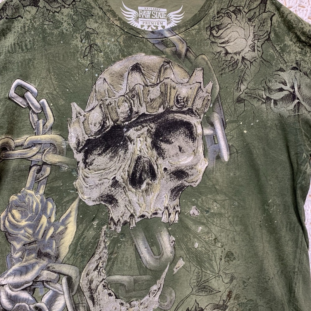 Raw State Affliction T-Shirt Olive Green Men 2XL Skull Crown‎ Flowers 100%Cotton - Picture 3 of 8